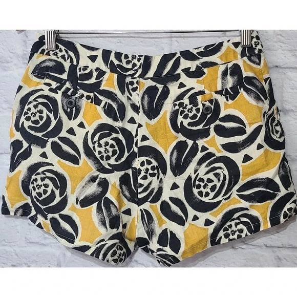 Lucky Brand Chino Shorts Women's Size 4 Yellow Black Off White Linen Pockets - Picture 4 of 6